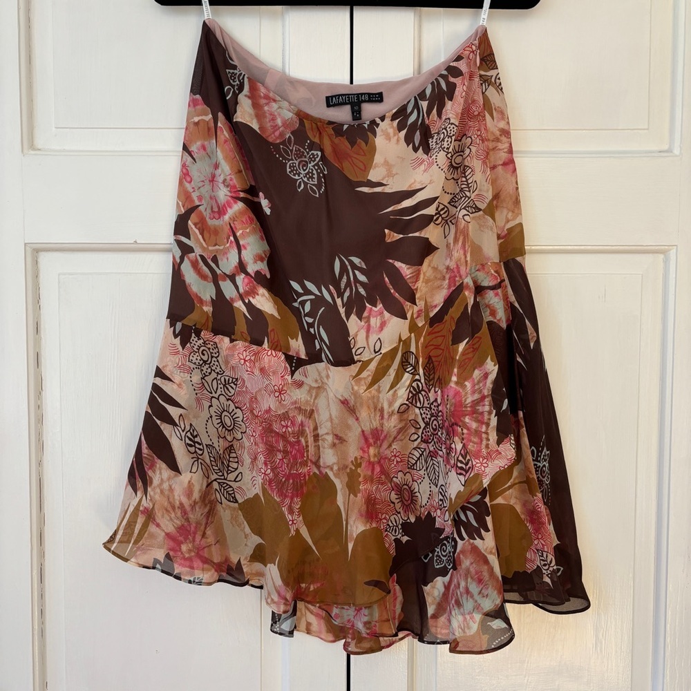 Lafayette 148‎ New York 100% Silk Brown Pink Asymmetrical Floral Ruffled Skirt
